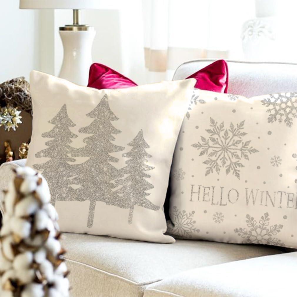 Gray and White Polyester Euro Christmas Pillow Covers Set of 4