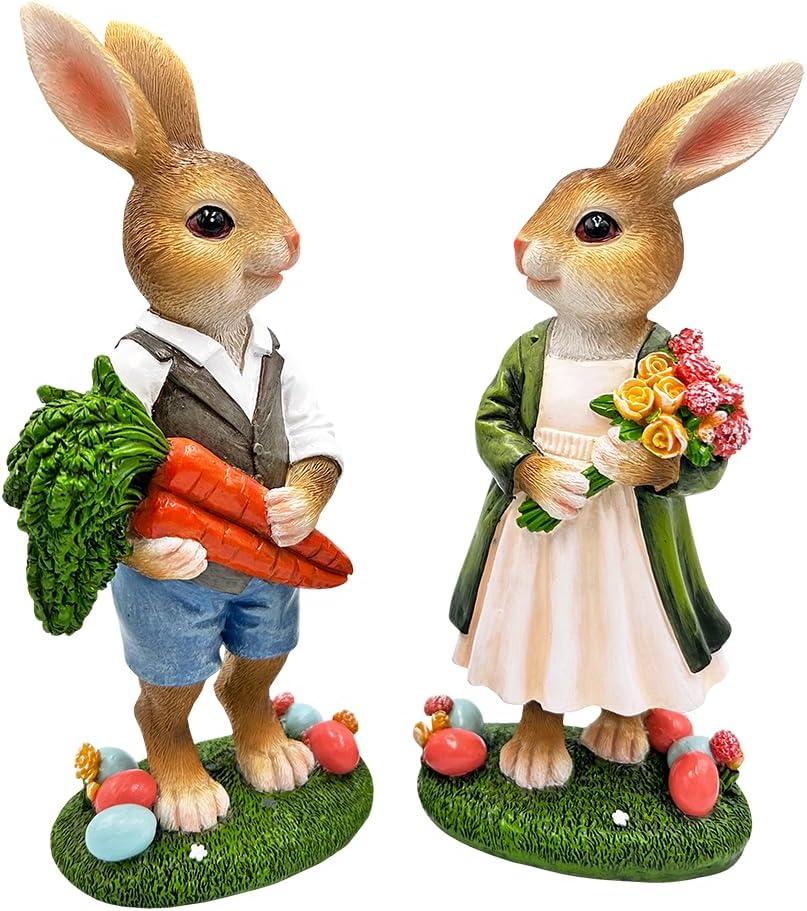 Harvest and Bloom Country Bunny Pair Figurine, 8" Rabbit Garden Statue Set| OrnamentallyYou