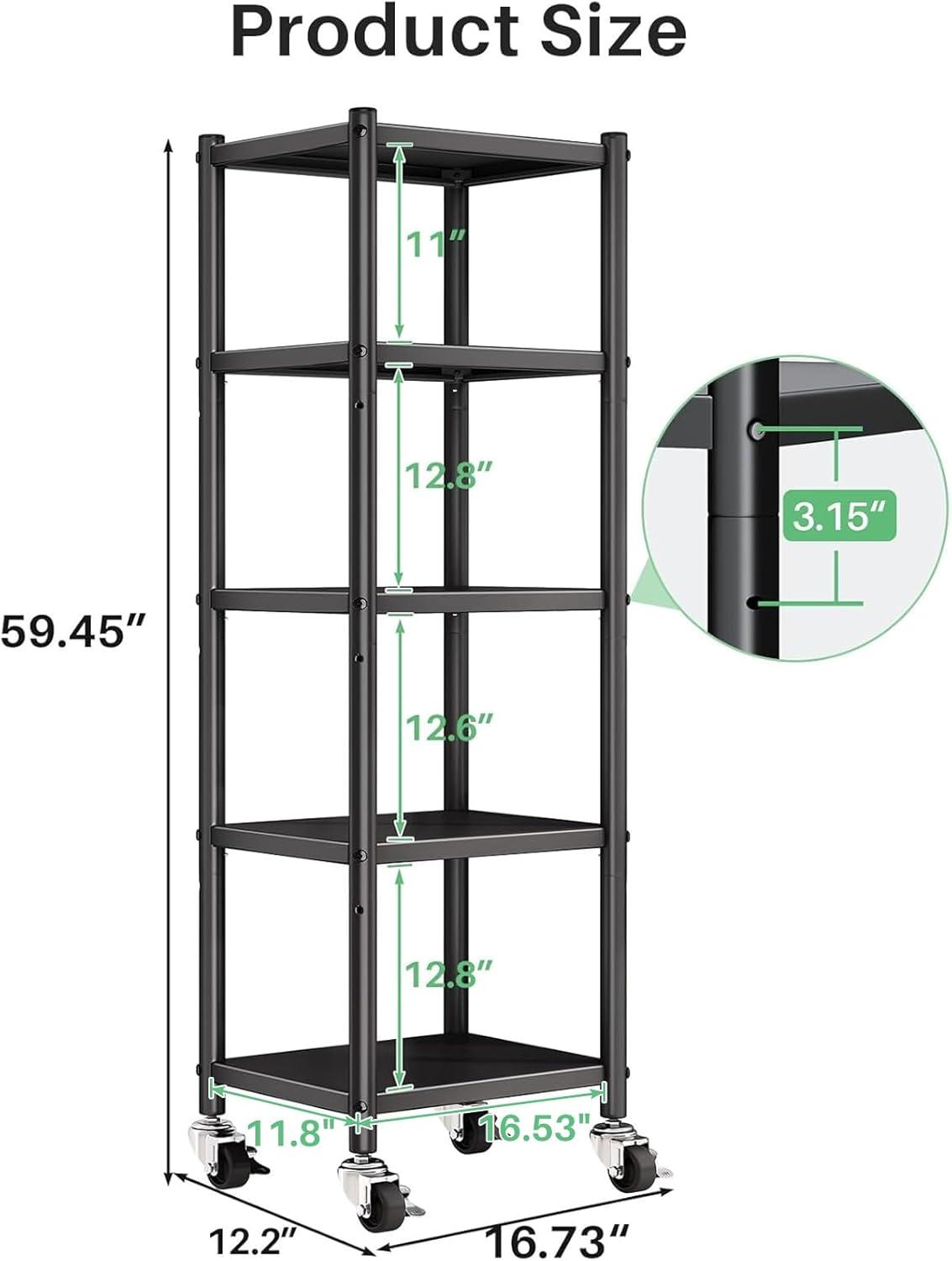 5-Tier Kitchen Storage Shelves, Adjustable Metal Shelves for Storage Pantry Shelves with Rolling Wheels, Storage Rack Shelving Unit Organizer for Bedroom Laundry Closet