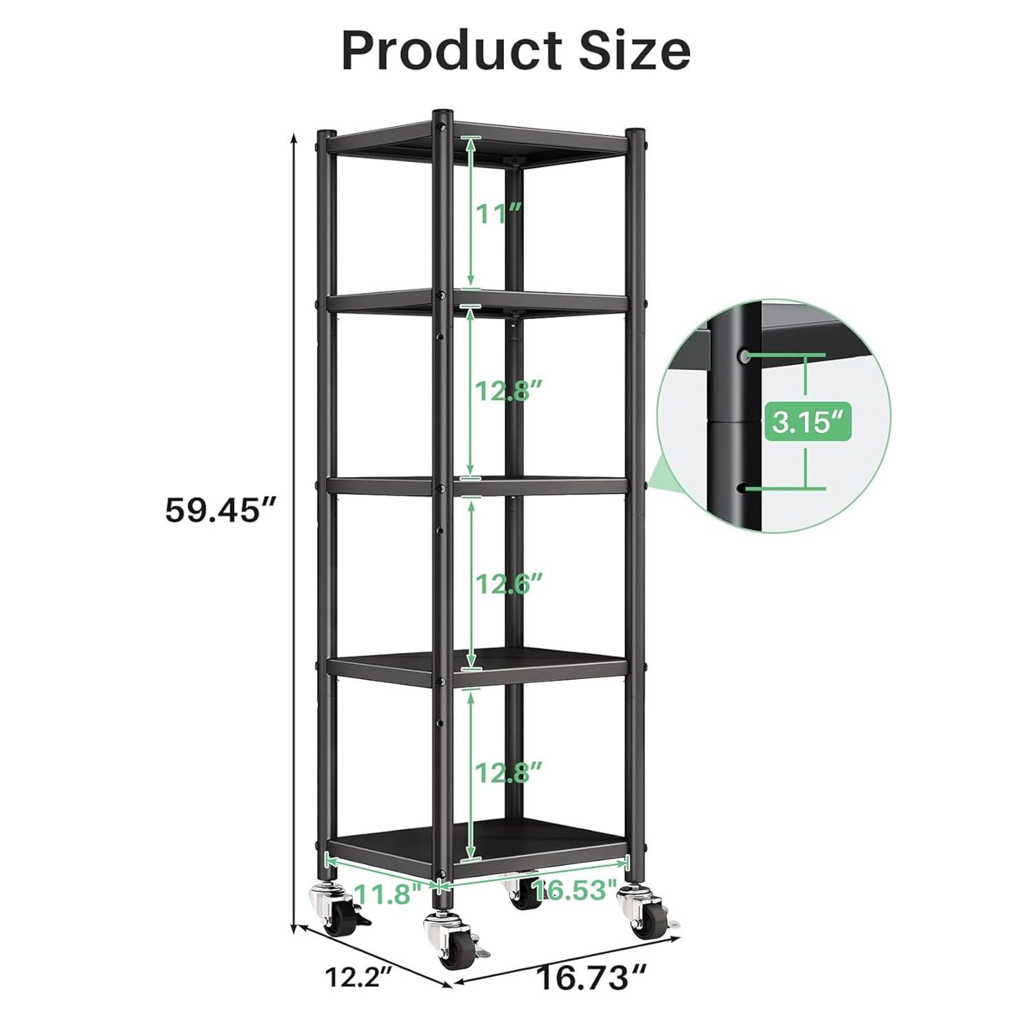 5-Tier Kitchen Storage Shelves, Adjustable Metal Shelves for Storage Pantry Shelves with Rolling Wheels, Storage Rack Shelving Unit Organizer for Bedroom Laundry Closet