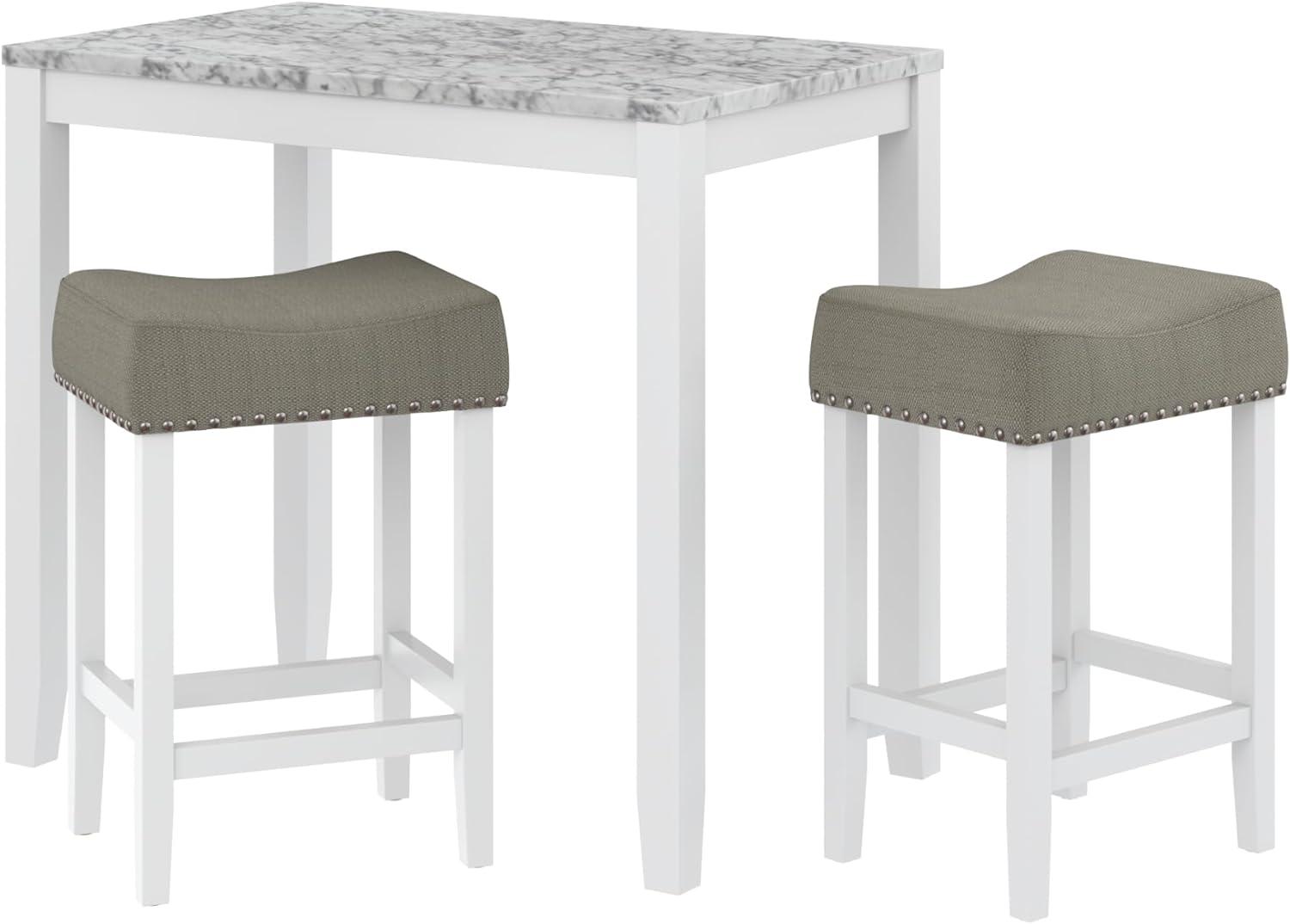 38&#34; Solid Wood Pub Dining Table and Stool Set White Marble/Light Gray Linen - Nathan James