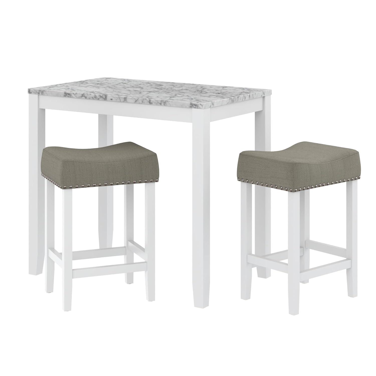 38&#34; Solid Wood Pub Dining Table and Stool Set White Marble/Light Gray Linen - Nathan James
