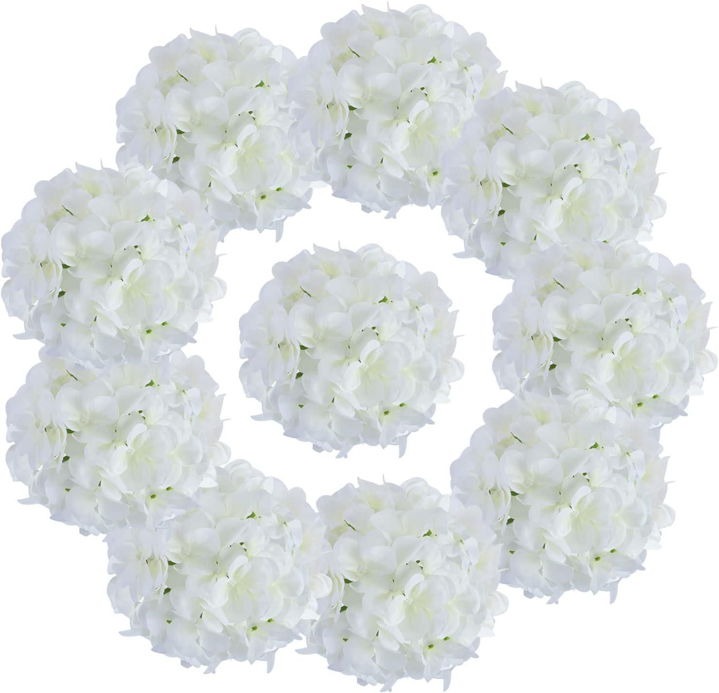 White Silk Hydrangea Artificial Flowers with Stems, Pack of 10