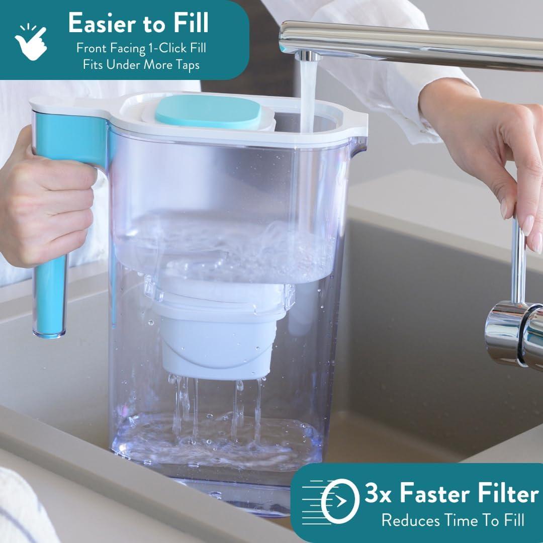 Perfect Pour Large 10 Cup Water Filter Pitcher By Aqua Optima, Ergonomic, Eliminates Splashes And Spills, Bpa Free, Wqa Certified, Includes 3 Evolve+ Water Filters, Teal