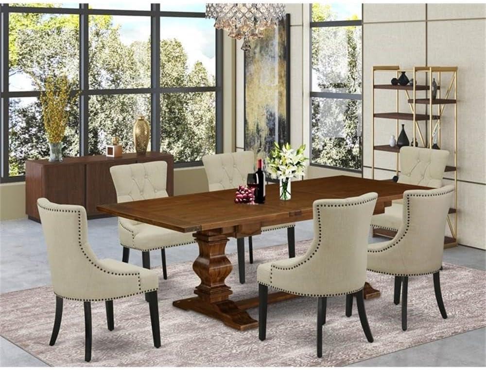 Walnut Rectangular Dining Table with 6 Beige Linen Chairs