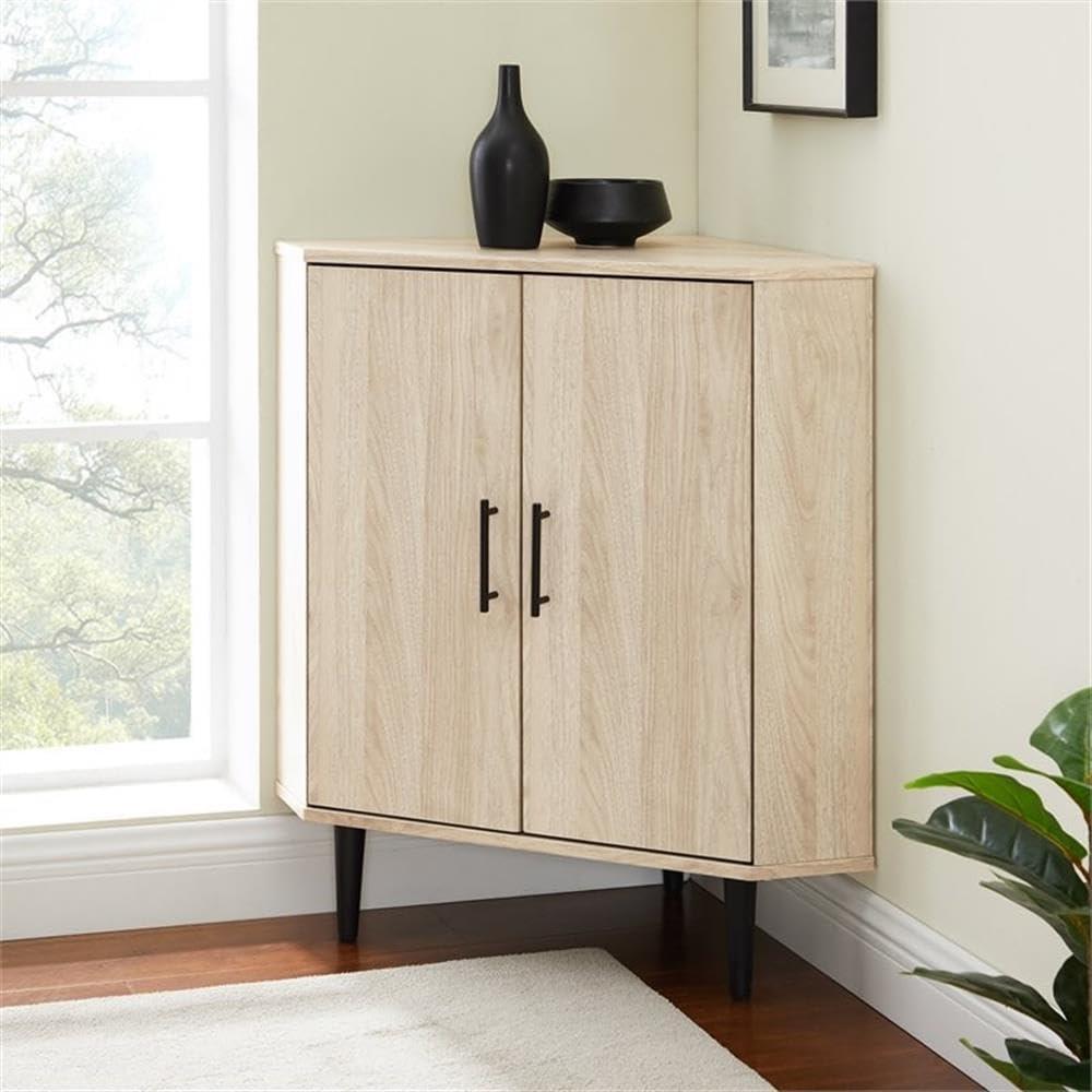 Contemporary Birch and Walnut Corner Accent Cabinet with Adjustable Shelving