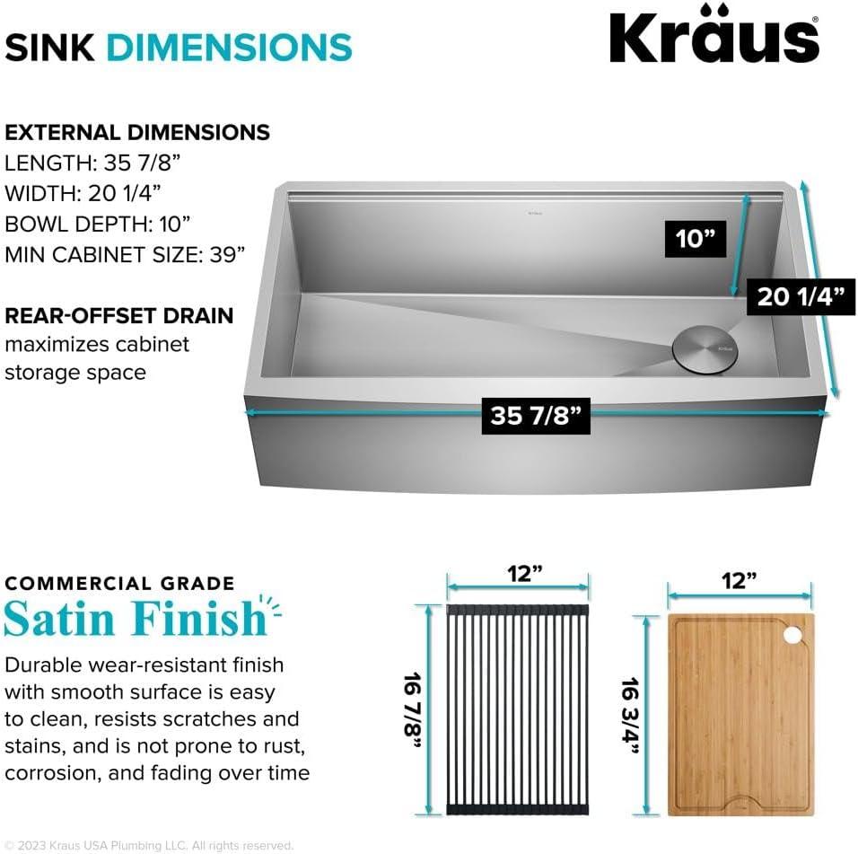 Kore 36-Inch Stainless Steel Farmhouse Workstation Sink with Accessories