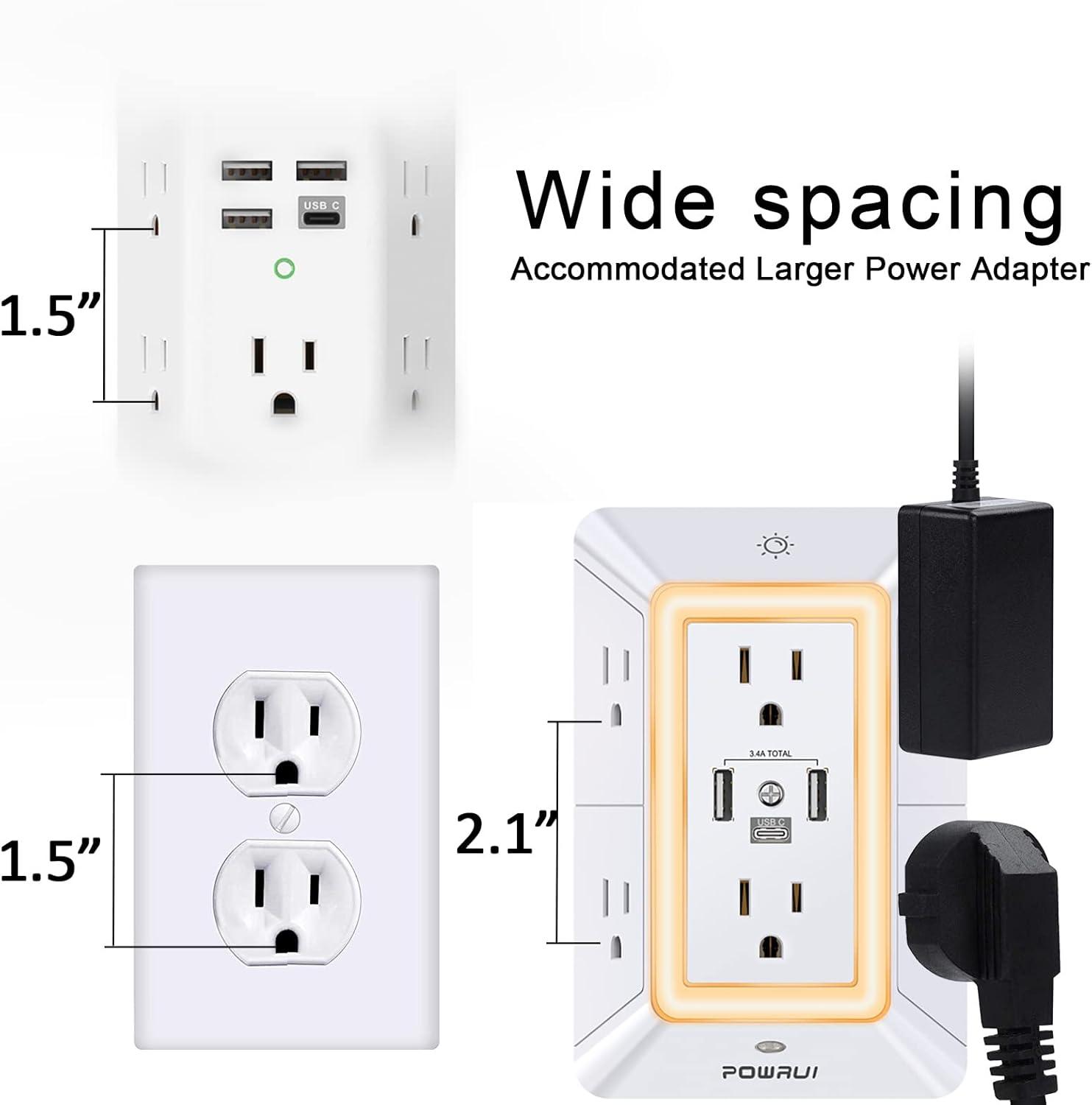 Multi Plug Outlet Surge Protector - POWRUI 6 Outlet Extender with 3 USB Ports (1 USB C) and Night Light, 3-Sided Power Strip with Adapter Spaced Outlets - White，ETL Listed