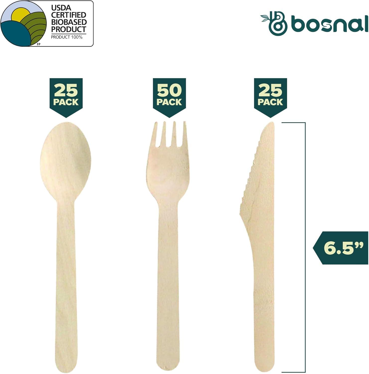 Bosnal Wooden Disposable Forks Knives and Spoons Cutlery Set, 100 Pcs