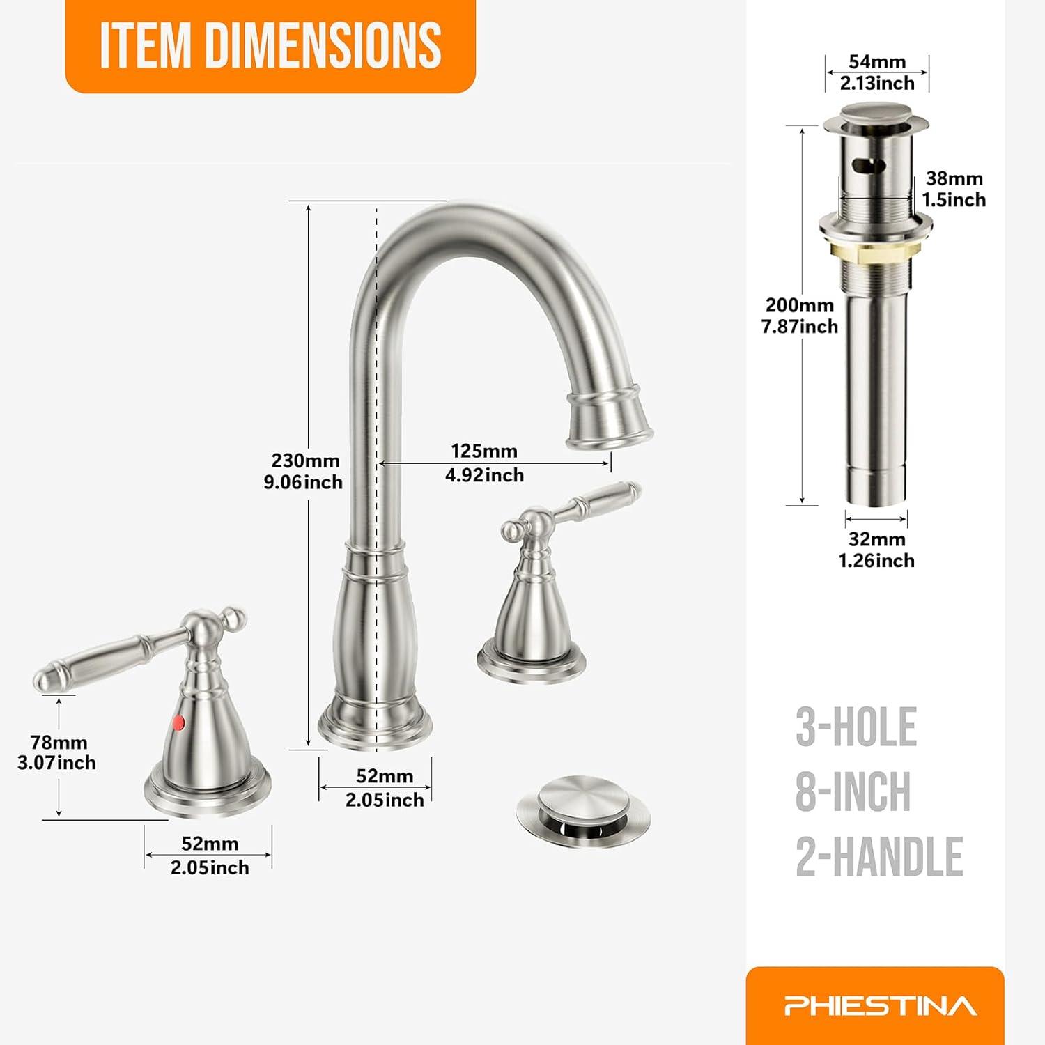 Phiestina 3-Hole 8 inch 2-Handle Brushed Nickel Widespread Bathroom Faucets with Valve and Metal Pop-Up Drain Assembly, WF017-4-BN