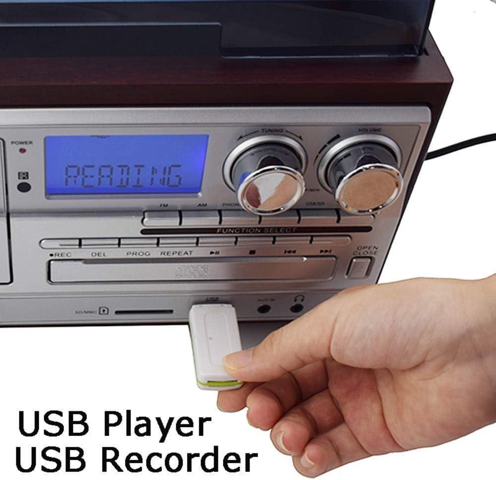 Record Player 9 in 1 3 Speed Bluetooth Vintage Turntable CD Cassette Vinyl Player AM/FM Radio USB/SD Encoding Aux-in RCA Line-Out (Silver)
