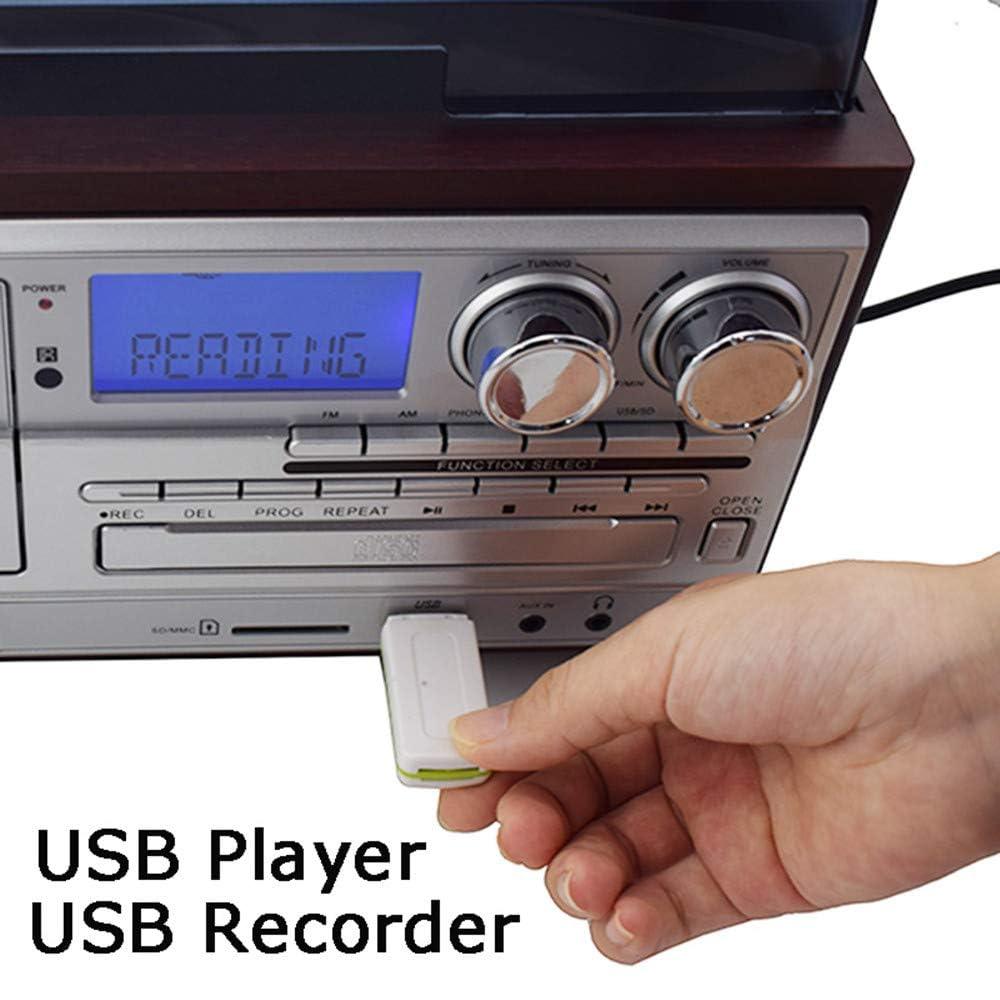 Record Player 9 in 1 3 Speed Bluetooth Vintage Turntable CD Cassette Vinyl Player AM/FM Radio USB/SD Encoding Aux-in RCA Line-Out (Silver)