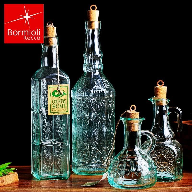 Bormioli Rocco Set Of 2 Country Home Fiesole Bottle, 24-ounce With All Natural Cork Lid, Blue-green Tinted Star Glass, Elegant And Floral Design Made In Italy