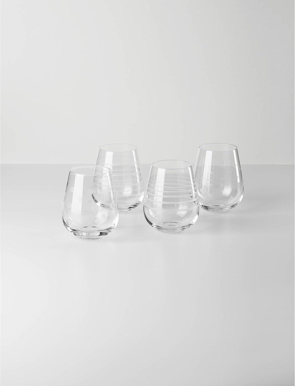 Clear Etched Stemless White Wine Glasses Set of Four