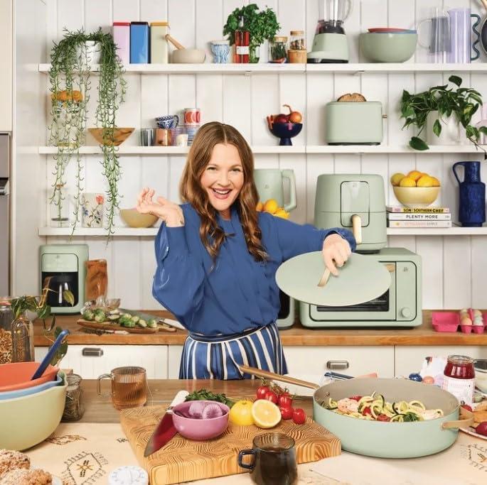 Beautiful 12pc Ceramic Non-Stick Cookware Set, Sage Green by Drew Barrymore