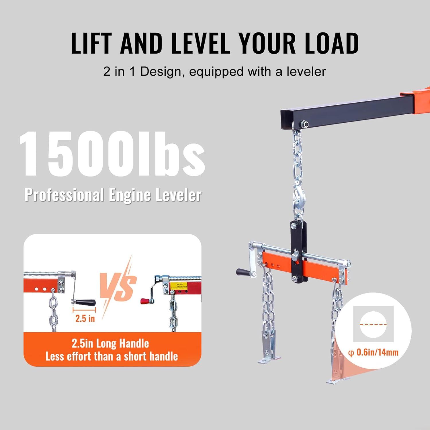 BENTISM 2T Folding Engine Crane Movable Engine Hoist with Load Leveler 4400 lbs/2 ton Heavy-Duty Cherry Picker Shop Crane Adjustable Boom Engine Crane