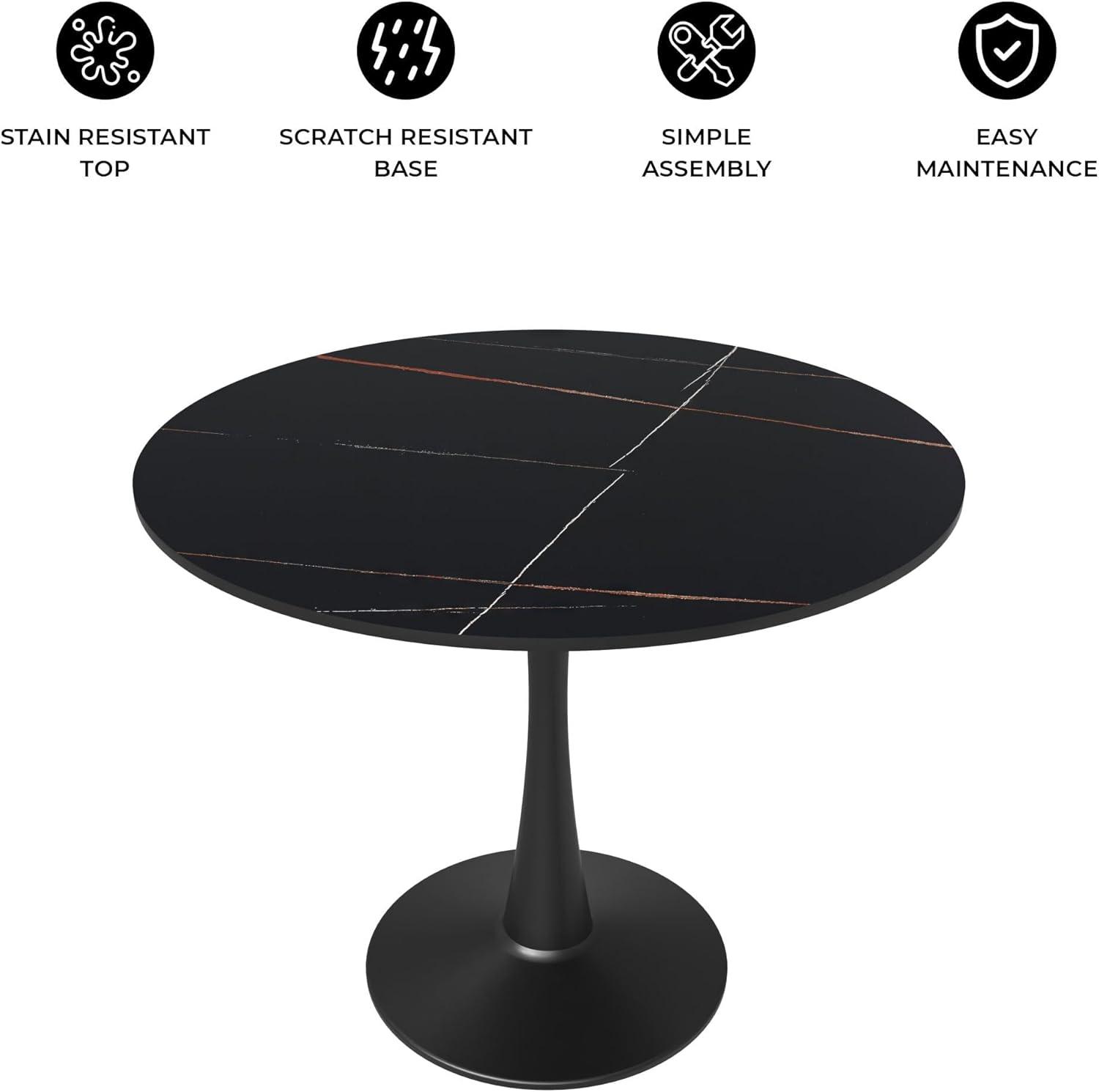 LeisureMod Round Dining Table 31" Sintered Stone Tabletop in Black Steel Bistro Series