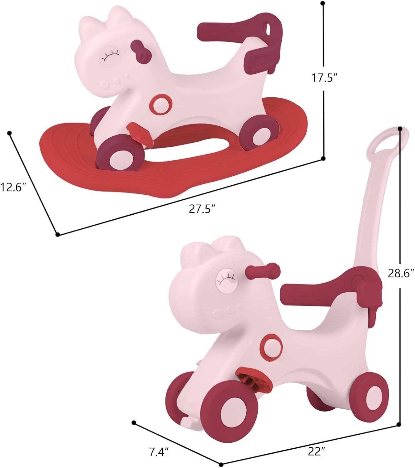 4 in 1 Rocking Horse for Toddlers 1-3 Years Old, Baby Rocking Toy Fun Birthday Gift for 1+ Girls, Ride on Toy with Detachable Balance Board and Footrest,Balance Bike with Push Handle,Pink