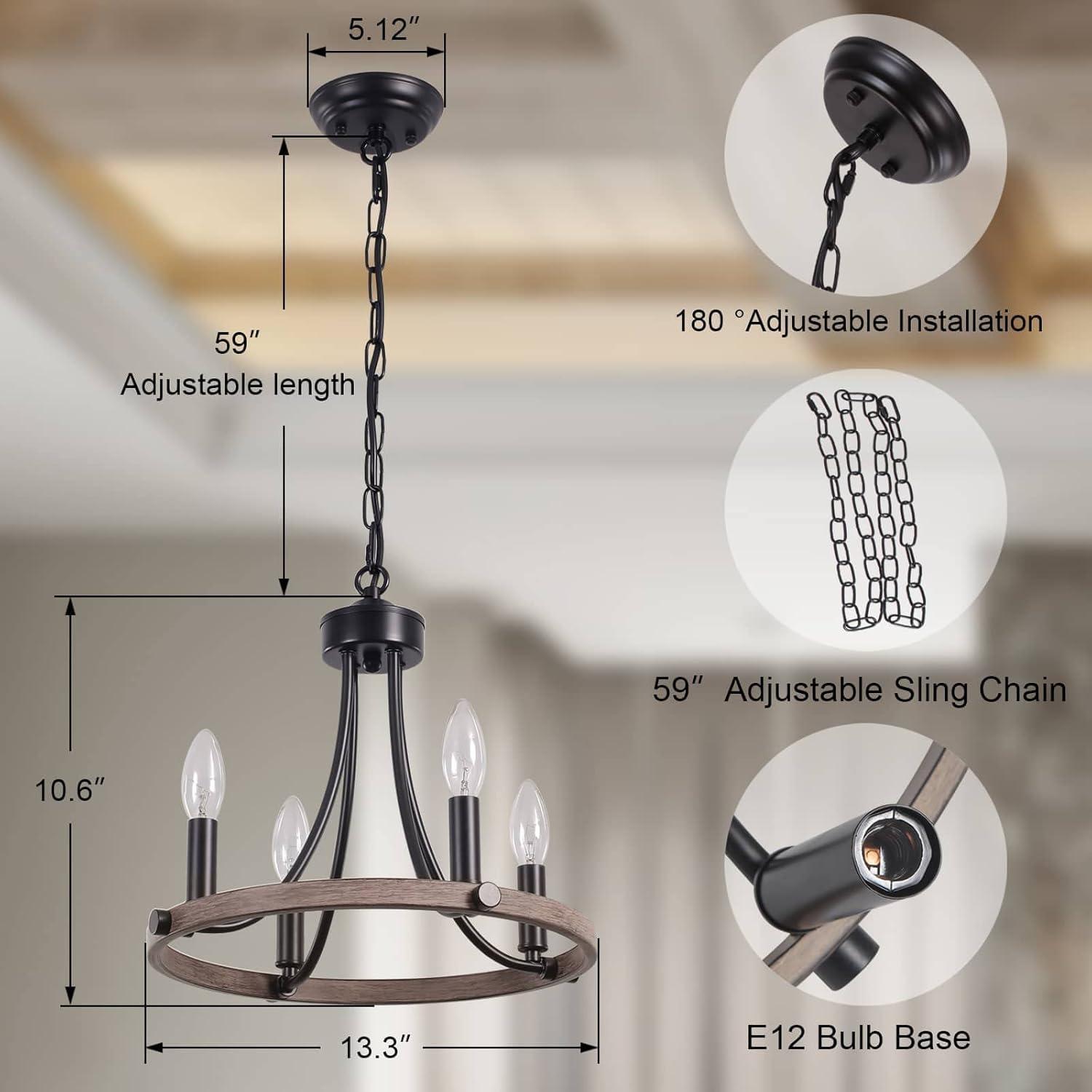 4-Light Black Modern Adjustable Height Light Fixture Wagon Wheel Chandelier