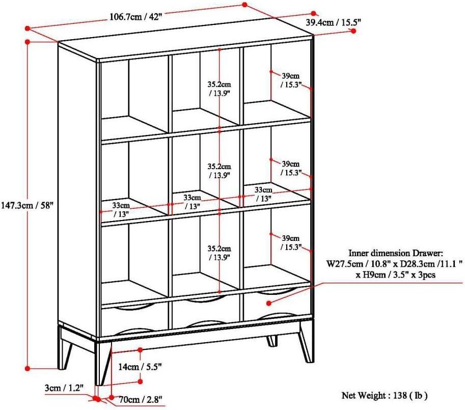 1 1 SOLID HARDWOOD 42 Inch Mid Century Modern Cube Storage Bookcase with Drawers in White, For the Living Room, Study Room and Office