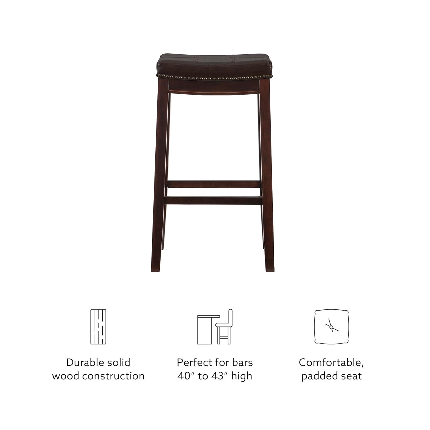Linon Claridge Backless Wood Bar Stool, 32" Seat Height, Dark Brown Finish with Brown Faux Leather Fabric