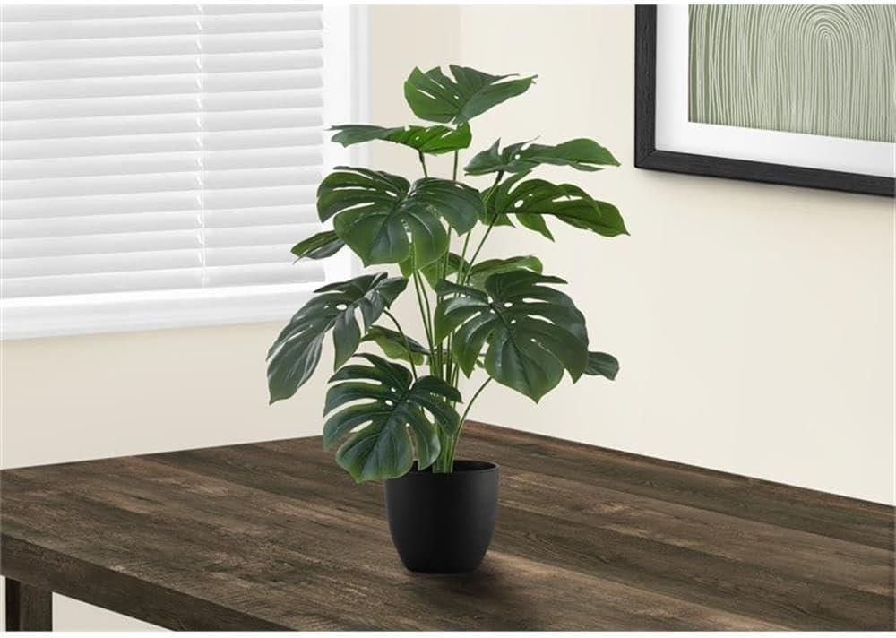 Monarch Specialties Artificial Plant 24 inch Tall Monstera Indoor Faux Fake Table Greenery Potted Real Touch Decorative Green Leaves Black Pot