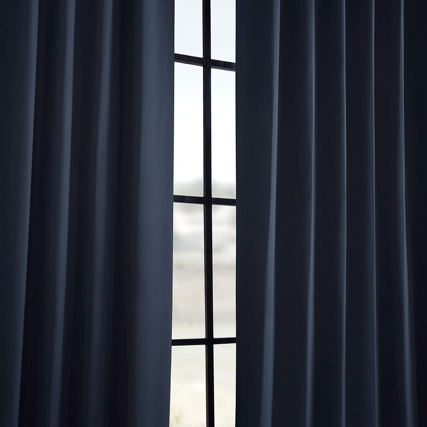 Navy Blue Cotton Polyester Blackout Pleated Drapes