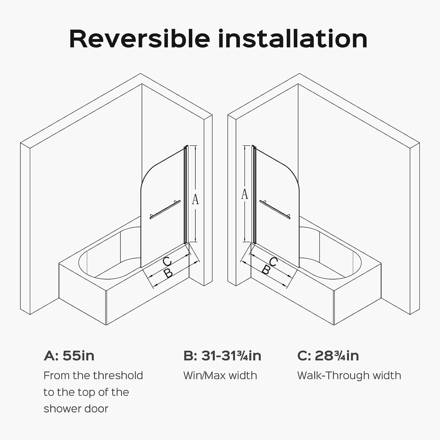 31"W x 55"H Frameless Folding Pivot Shower Tub Door Reversible Installation