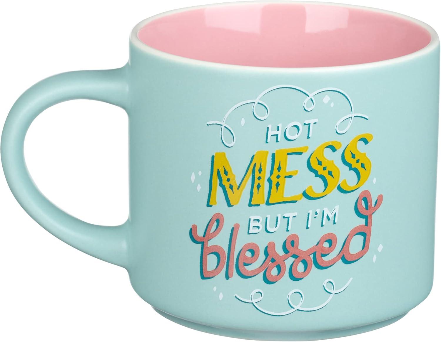 Bless Your Soul XL Blue Coffee Mug Hot Mess But I'm Blessed, Funny Birthday Gifts for Women, Mom, Co-worker, Retro-Inspired Designs - 15oz Cup