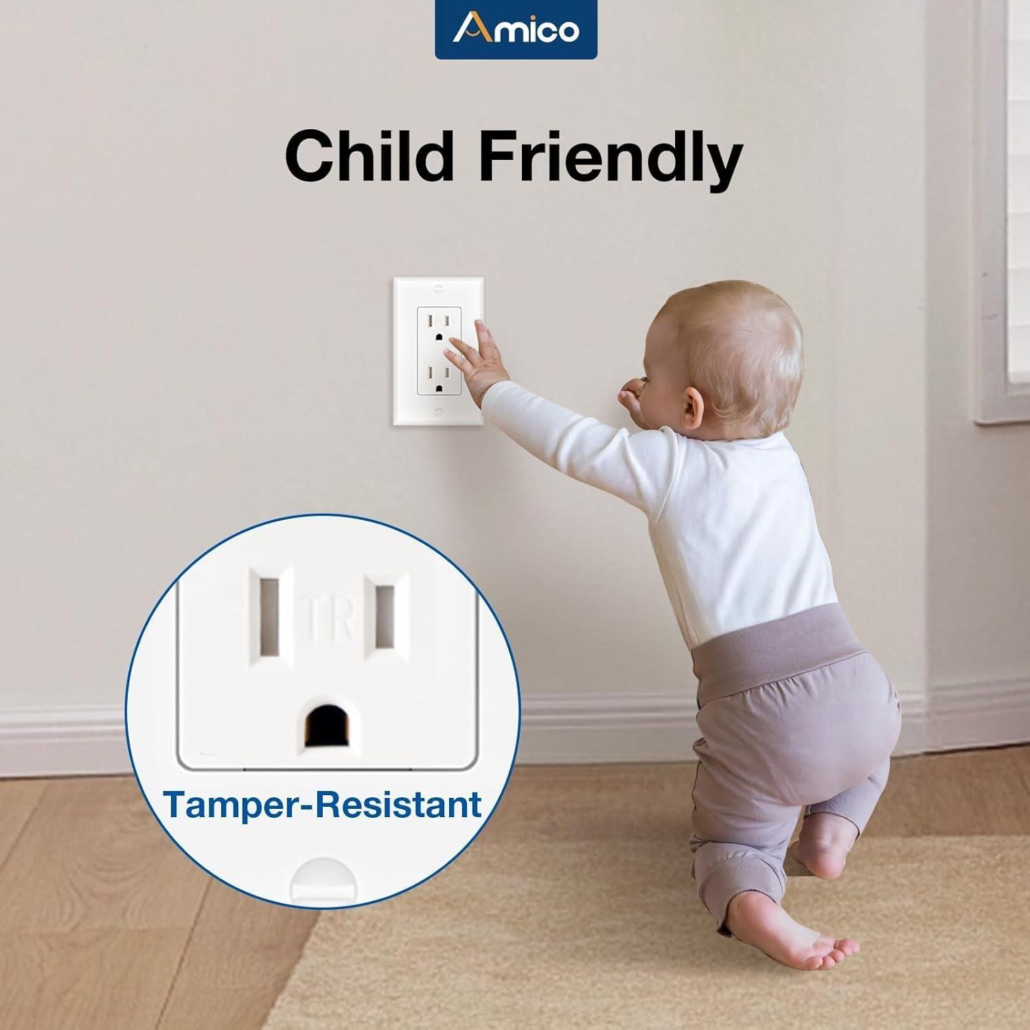 Amico 50 Pack Wall Outlet, 15 Amp Outlets, UL Listed, Tamper Resistant Standard Electrical Outlet, Decorator Receptacle with Wall Plate, Suitable for Home and Business, 125V/1875W, White