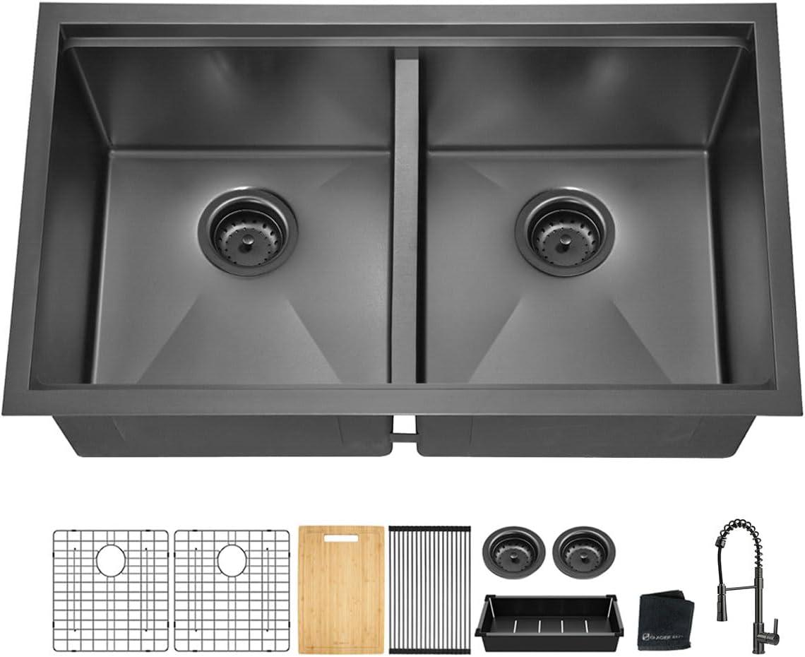 33" Gunmetal Black Stainless Steel Double Bowl Undermount Kitchen Sink