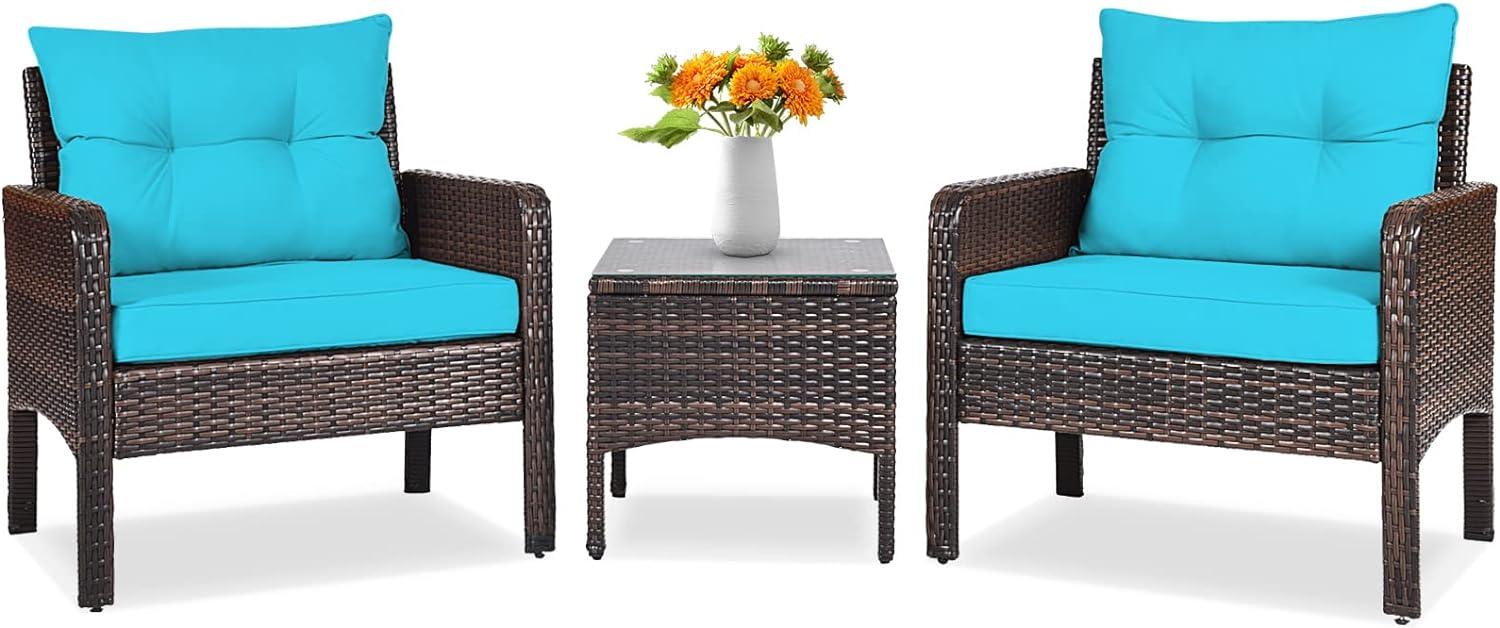 YYAo Garden Conversation Table Set, Conversation Loveseat Chairs Set, 3 Pcs Outdoor Patio Rattan Conversation Set with Seat Cushions-Turquoise