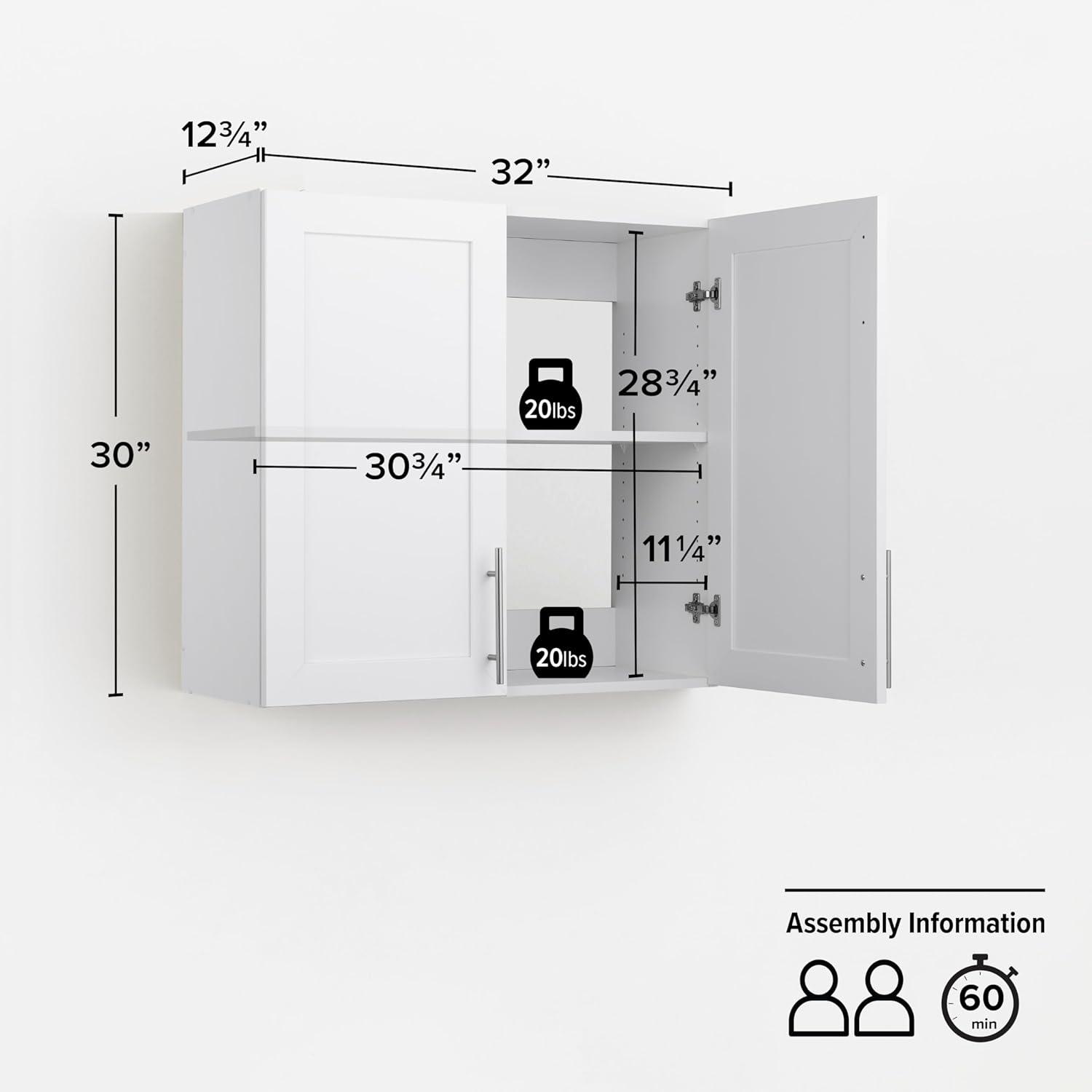 Prepac Elite 32" H Wall Cabinet with Panel Doors, White Storage Cabinet, Bathroom Cabinet, Pantry Cabinet with with 1 Adjustable Shelf 12.75" D x 32" W x 30" H, WSUR-1003-1