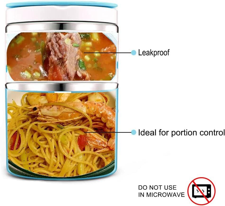 Lille Home Vacuum Insulated Stackable Stainless Steel Thermal Lunch/Snack box, 2-Tier Bento/Food Container with Lunch bag, Smart Diet, Weight Control, 32 Ounces, Blue