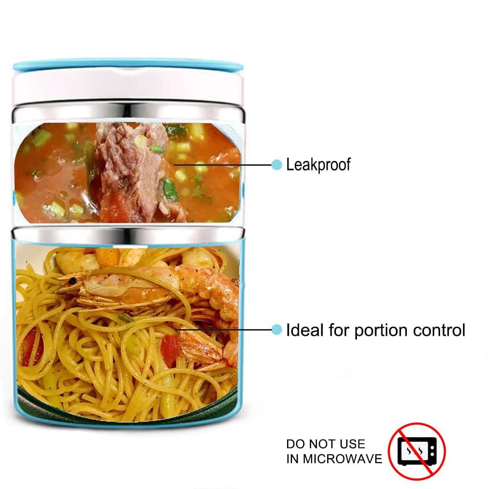 Lille Home Vacuum Insulated Stackable Stainless Steel Thermal Lunch/Snack box, 2-Tier Bento/Food Container with Lunch bag, Smart Diet, Weight Control, 32 Ounces, Blue
