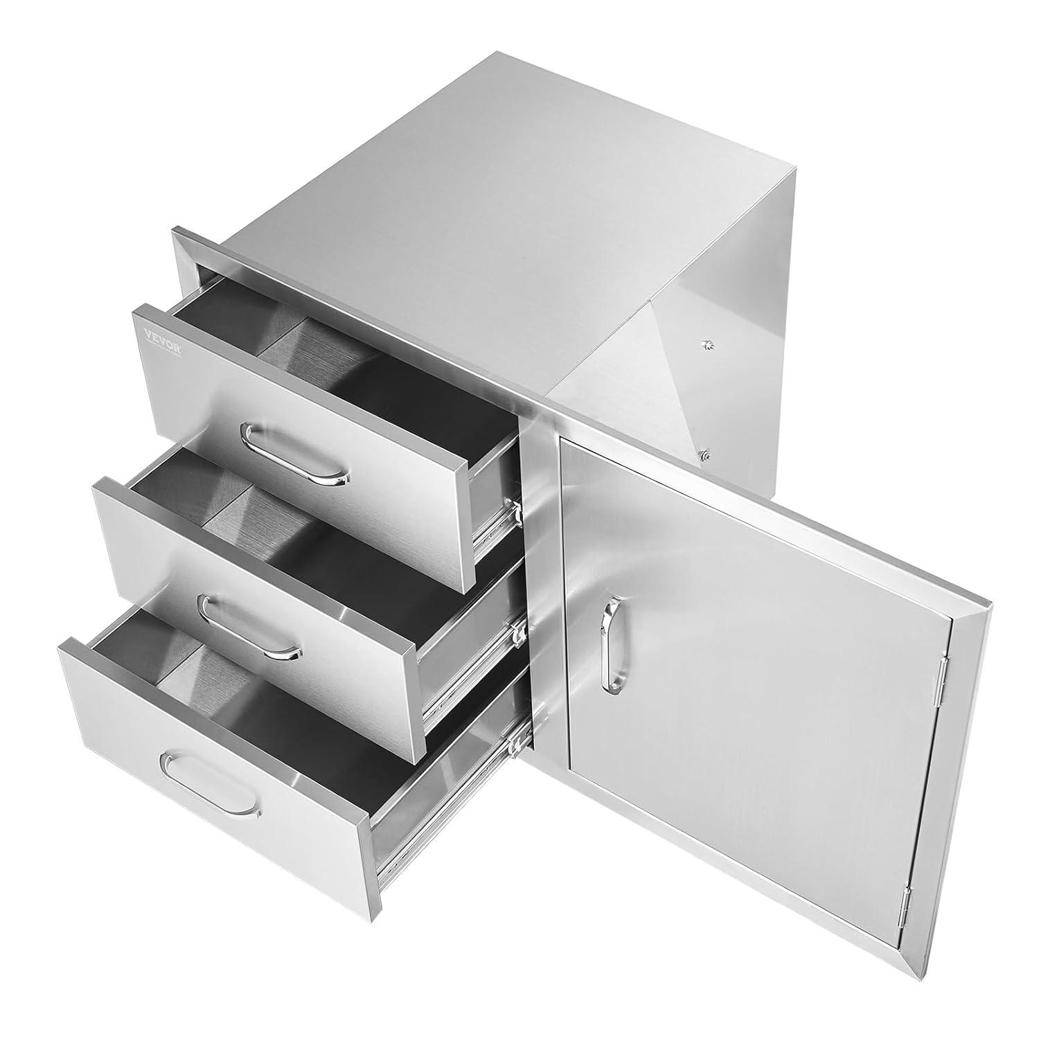VEVOR BBQ Island Drawers 38.1W x 22.6H x 20.8D, Outdoor Kitchen Door Drawer Combo Cabinets, BBQ Access Door/Triple Drawers Combo, Stainless Steel Handles, Perfect for BBQ Island Patio Grill Station