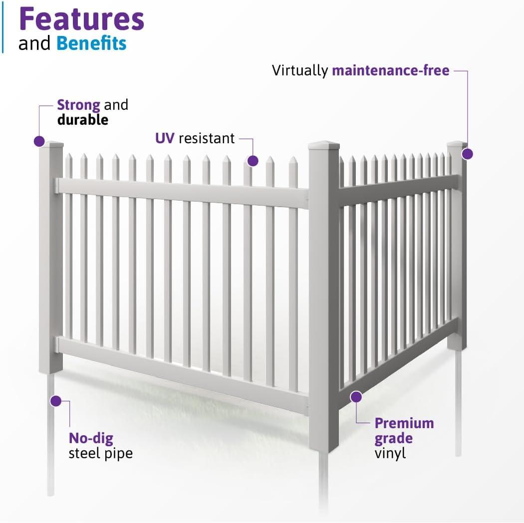 WamBam No-Dig Fence 4ft H x 6ft W (1 Panel + 1 Post) No Dig WamBam Nantucket Fence Kit, White Vinyl Picket Fence Panel, Easy DIY Installation Fence Panel Kit, Durable Outdoor Fence for Yard or Garden, BL19101