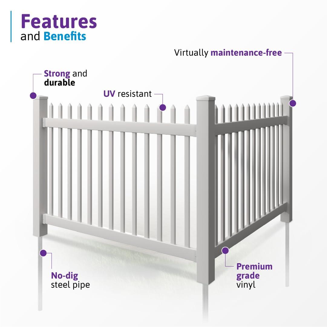 WamBam No-Dig Fence 4ft H x 6ft W (1 Panel + 1 Post) No Dig WamBam Nantucket Fence Kit, White Vinyl Picket Fence Panel, Easy DIY Installation Fence Panel Kit, Durable Outdoor Fence for Yard or Garden, BL19101