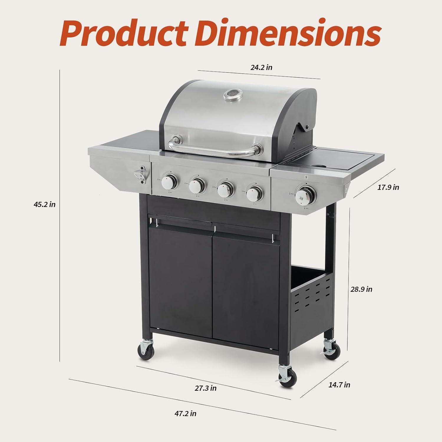 Stainless Steel 4-Burner Propane Gas Grill with Side Burner