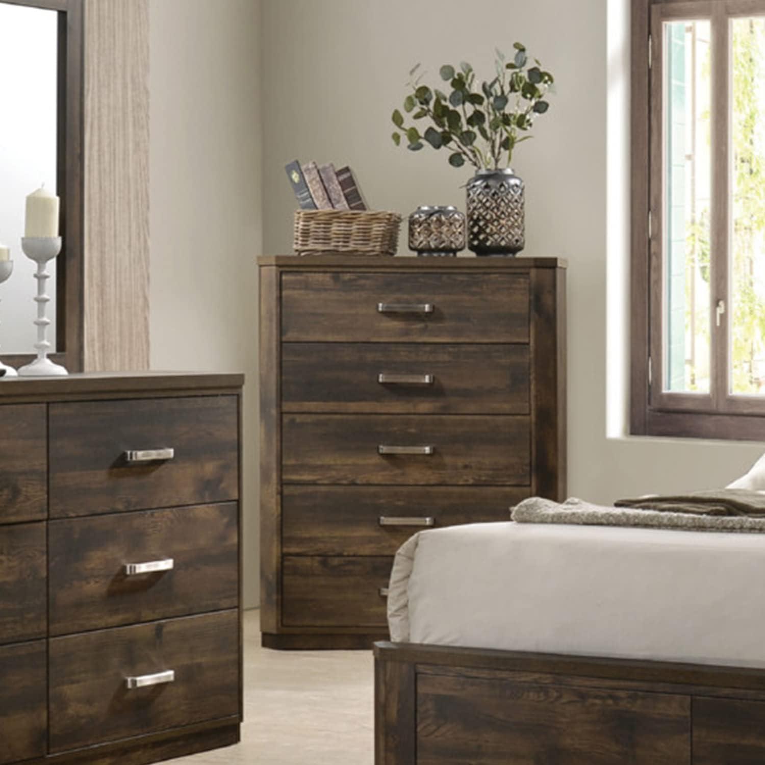 Elettra 5-Drawer Chest in Rustic Walnut with Sleek Rectangular Pulls