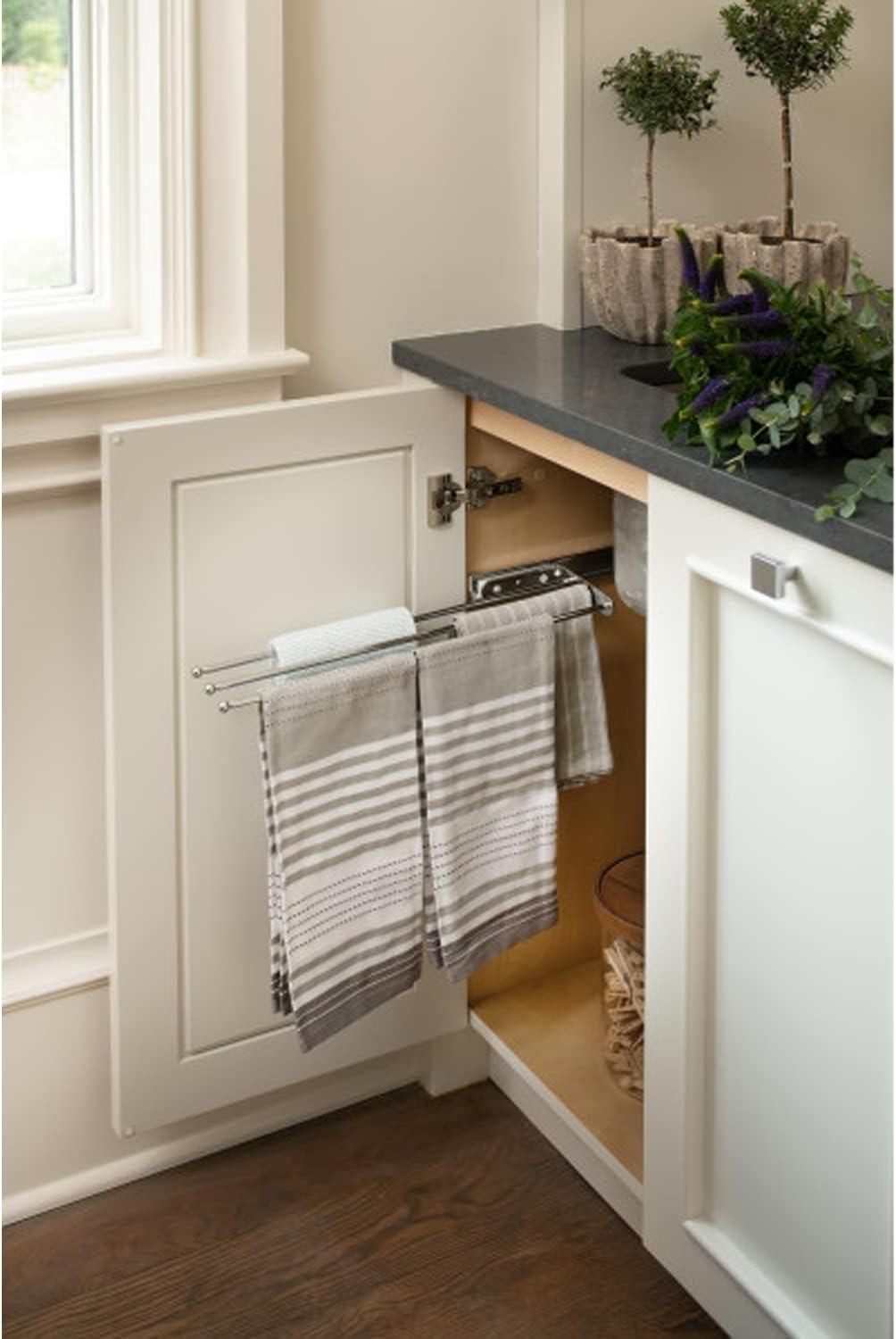 Rev-A-Shelf Pullout Dish Towel Bar Under Kitchen Cabinet 3 Prong, White