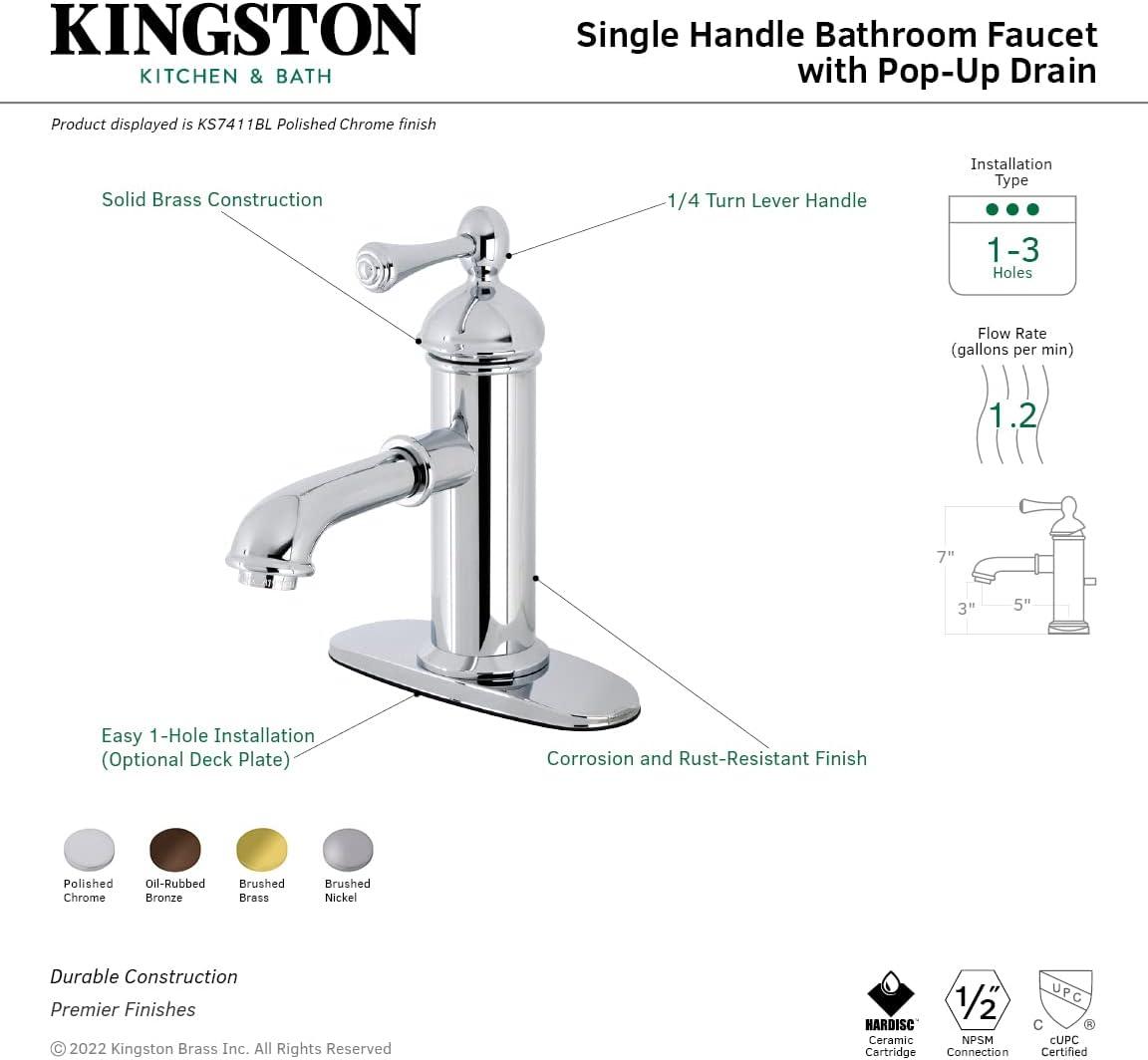 Kingston Brass Paris Single-Handle 1-Hole Deck Mount Bathroom Faucet with Brass Pop-Up