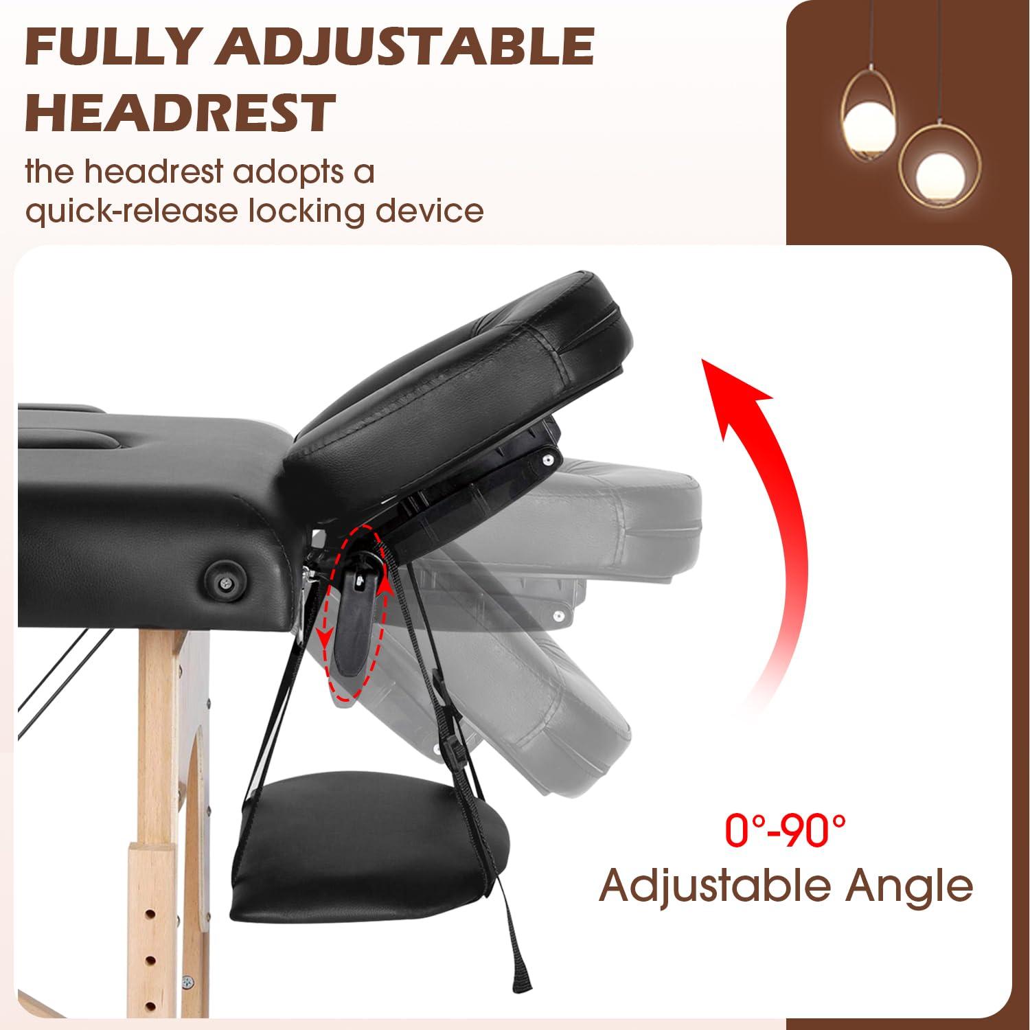 FDW Massage Table Massage Bed 3 Fold Portable  Height Adjustable Lightweight Spa Table Facial Cradle Bed with Carry Case (Black)