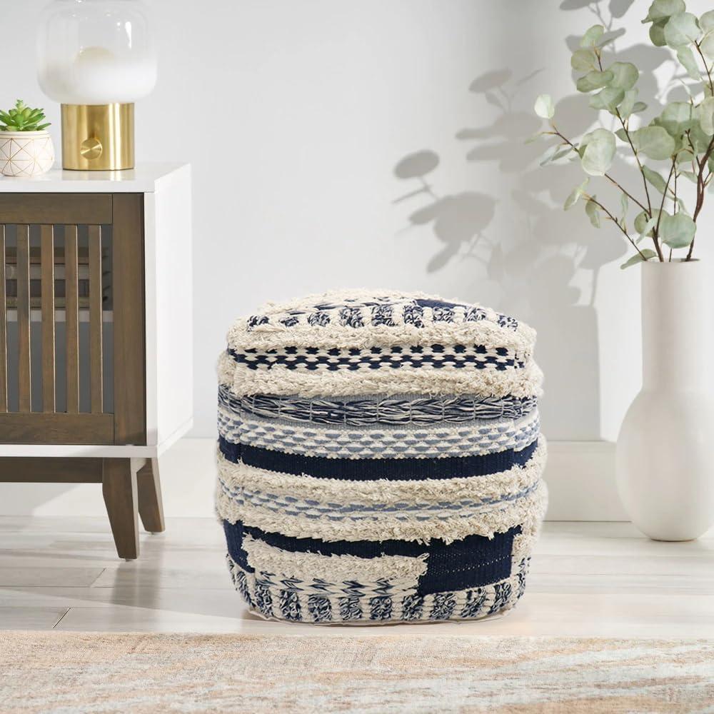 Navy and Beige Handwoven Cotton Shaggy Pouf