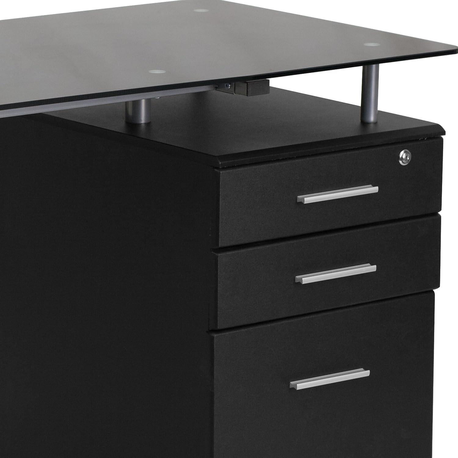 Emma and Oliver Black Glass Computer Desk with Three Drawer Pedestal