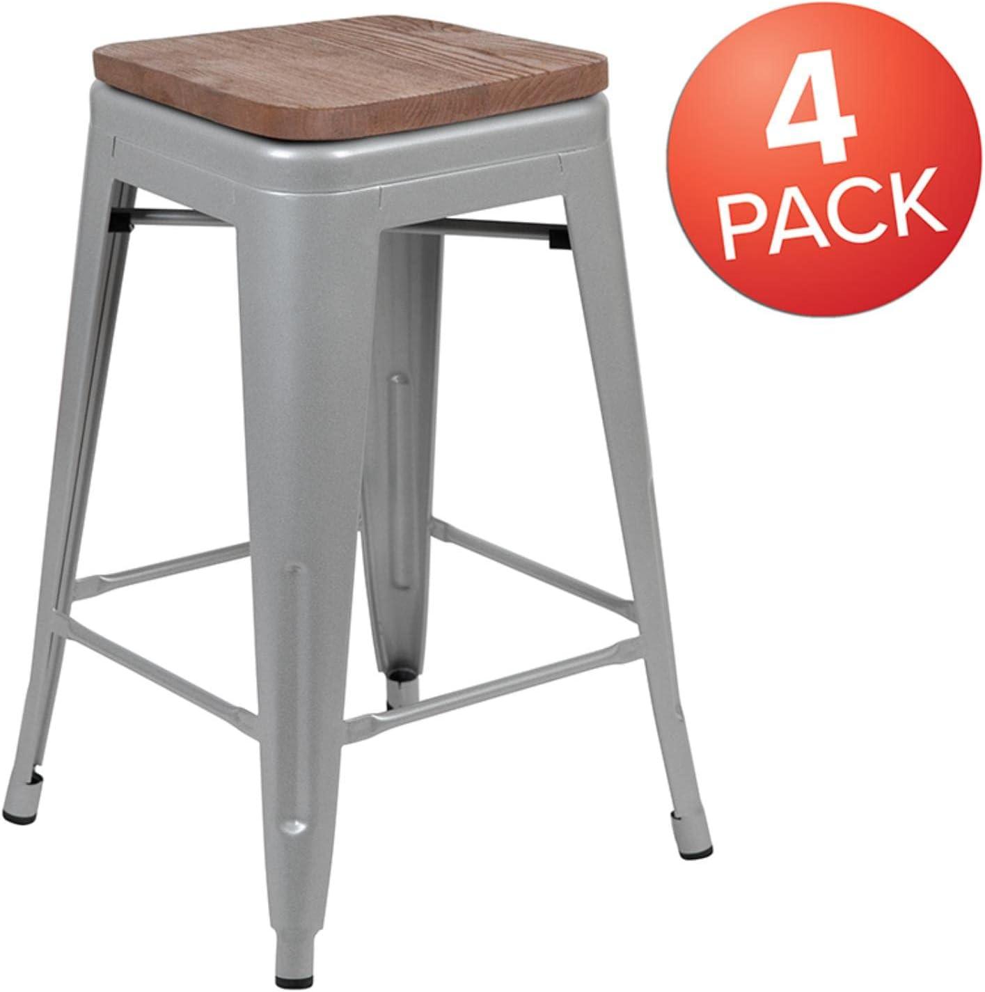 Flash Furniture 24" High Metal Counter-Height, Indoor Bar Stool with Wood Seat in Silver - Stackable Set of 4