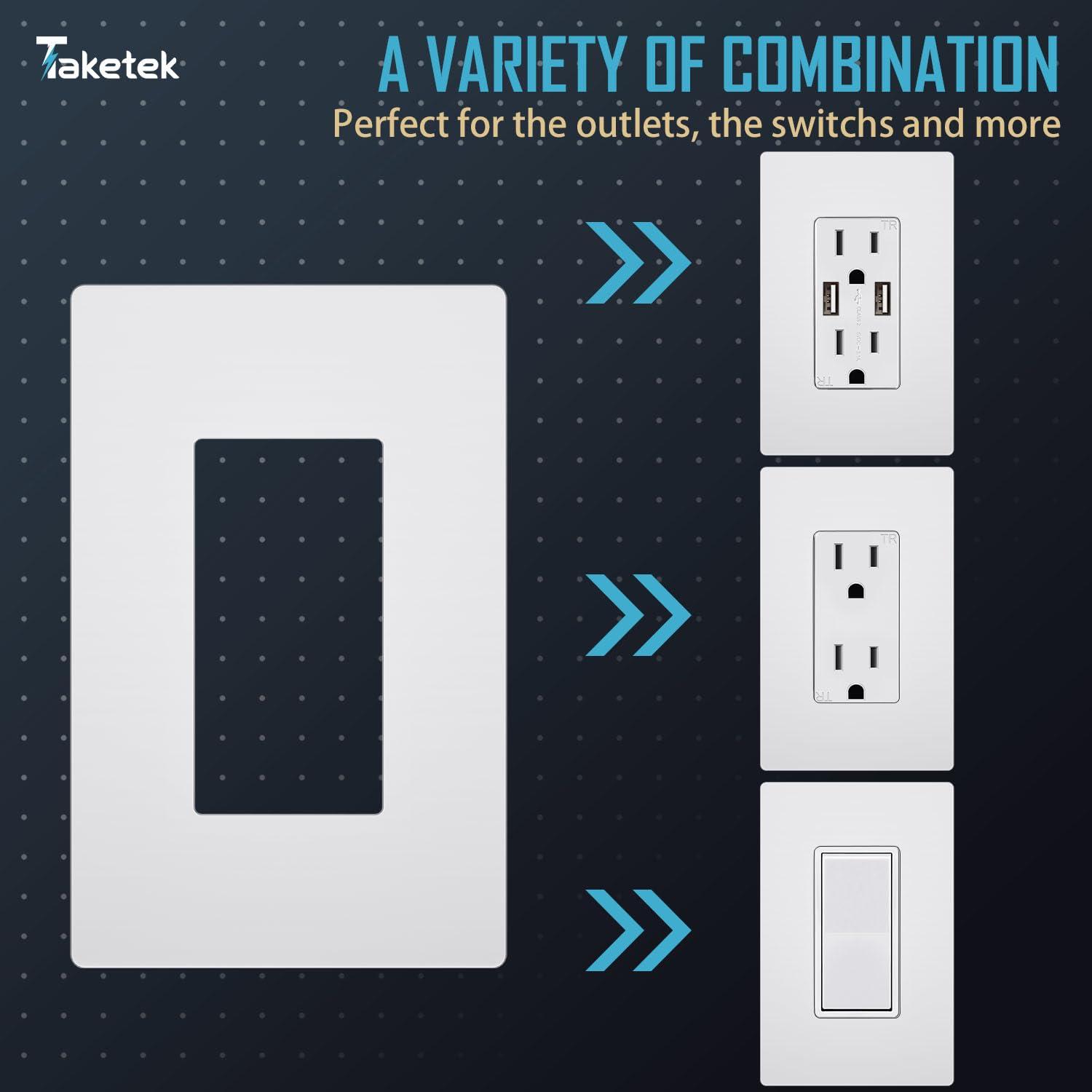 Screwless Decorator Wall Plate, Child Safe Outlet Cover, 1-Gang White Switch Plate Covers, Unbreakable Polycarbonate Thermoplastic, Standard Size, Glossy, 10 Pack