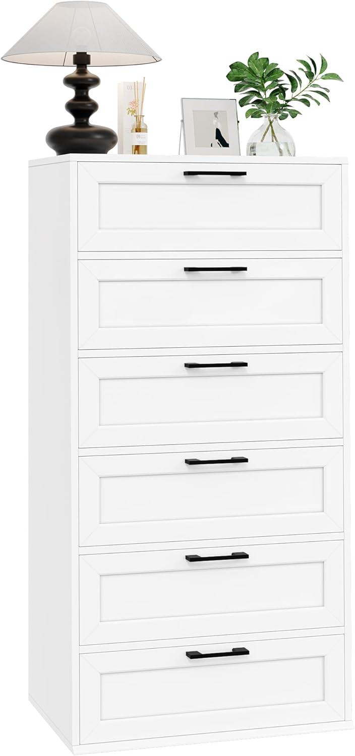 White Tall 6-Drawer Wood Dresser with Black Handles