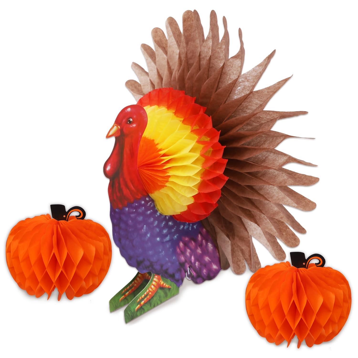 FORUP Thanksgiving Tissue Turkey Decorations - Turkey Pumpkin Centerpiece with Artificial Maple Leaves for Harvest Party Table Accessories