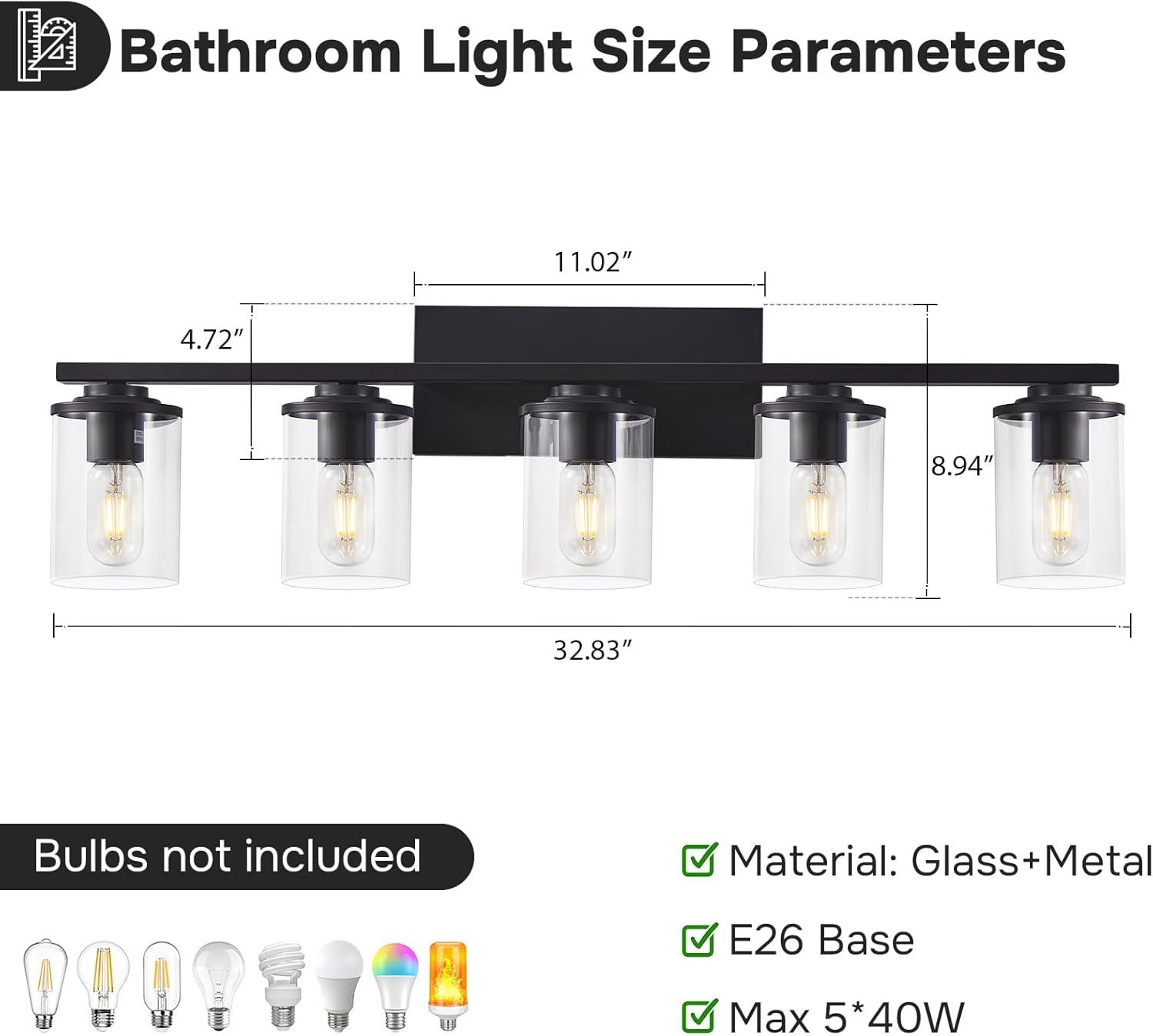 Matte Black 5-Light Bathroom Vanity Fixture with Glass Shades